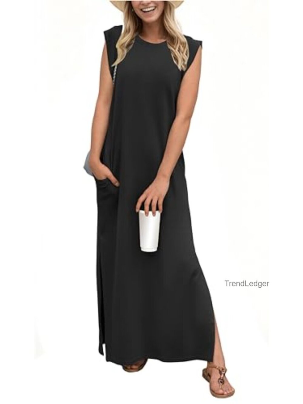 Casual Maxi Dress Round Neck Sleeveless Side Slit Pockets Wrinkle-Free